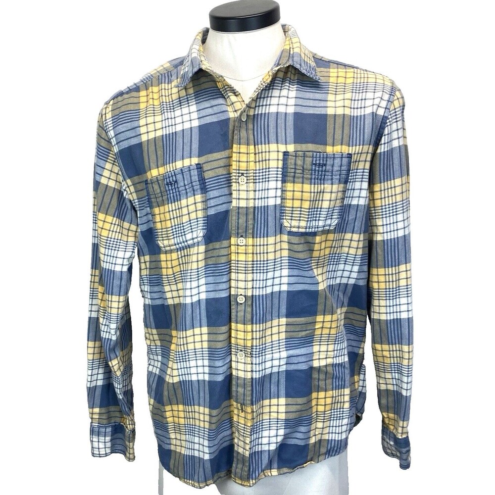 Lucky Brand Long Sleeve Shirt Men's Large Gray Yellow Plaid Classic Fit Flannel